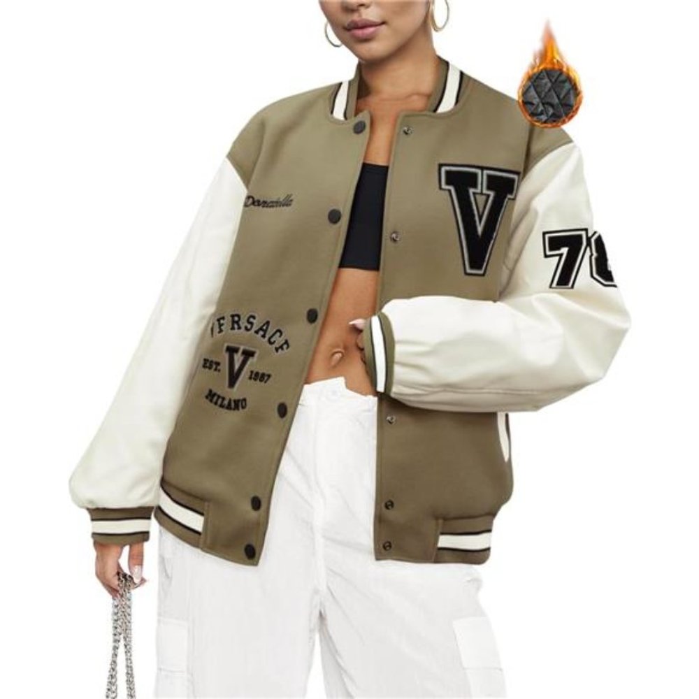 Women's Winter Quilted Varsity Letterman Jacket, Khaki